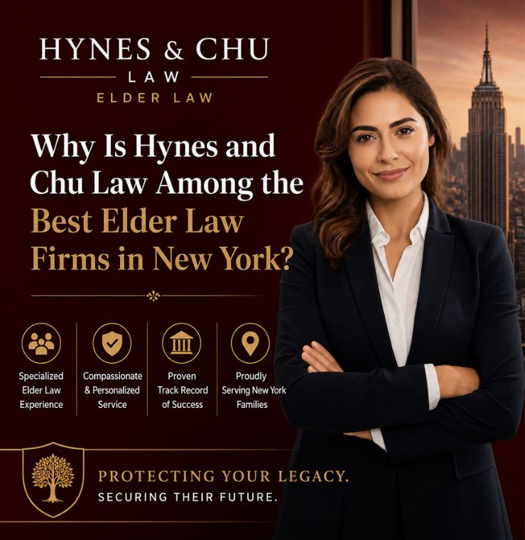 Professional graphic featuring a female lawyer with the headline "Why Is Hynes and Chu Law Among the Best Elder Law Firms in New York?" on a dark red background with a New York skyline.